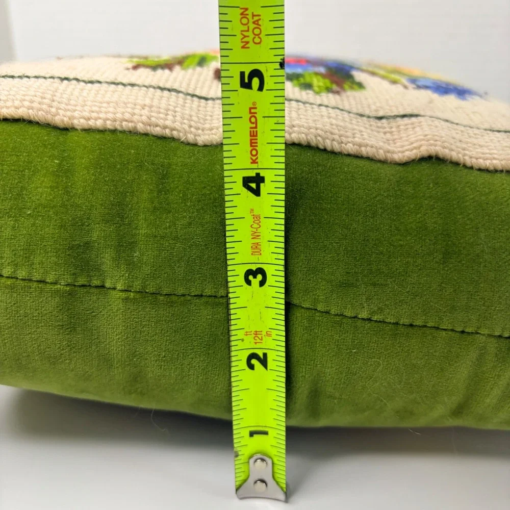 Vtg Floral Needlepoint Pillow Green Velvet Tassels Handmade Boho Cottagecore 70s